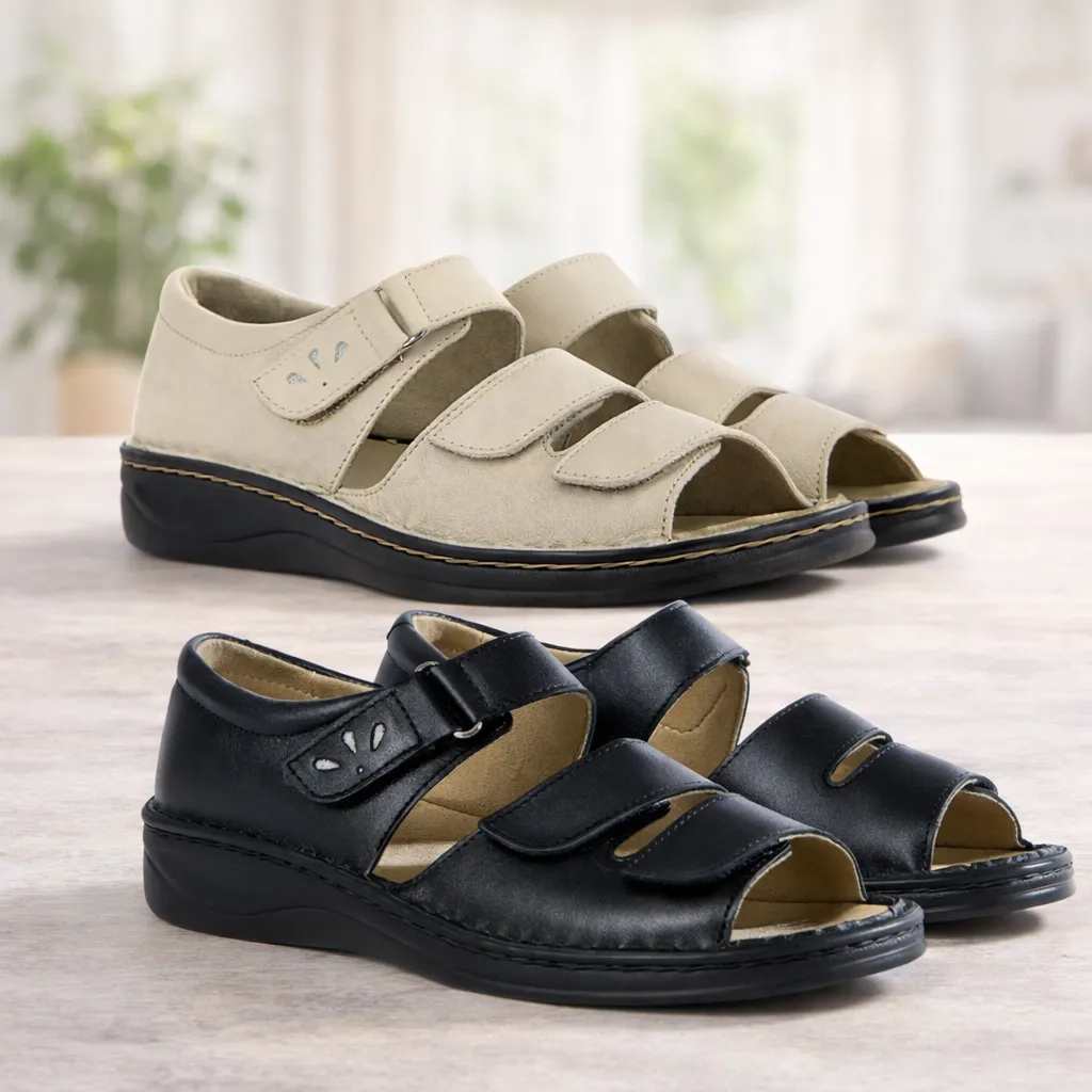 Varomed Martha Sandalette beige und schwarz - schräge Ansicht