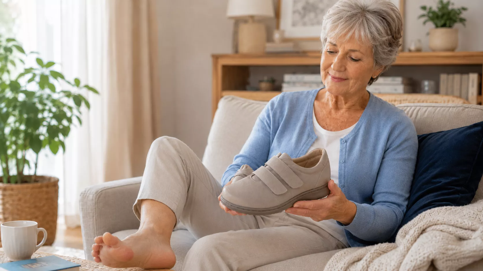 Seniorin hält bequemen Schuh bei Hallux valgus und Hammerzehen im Wohnzimmer