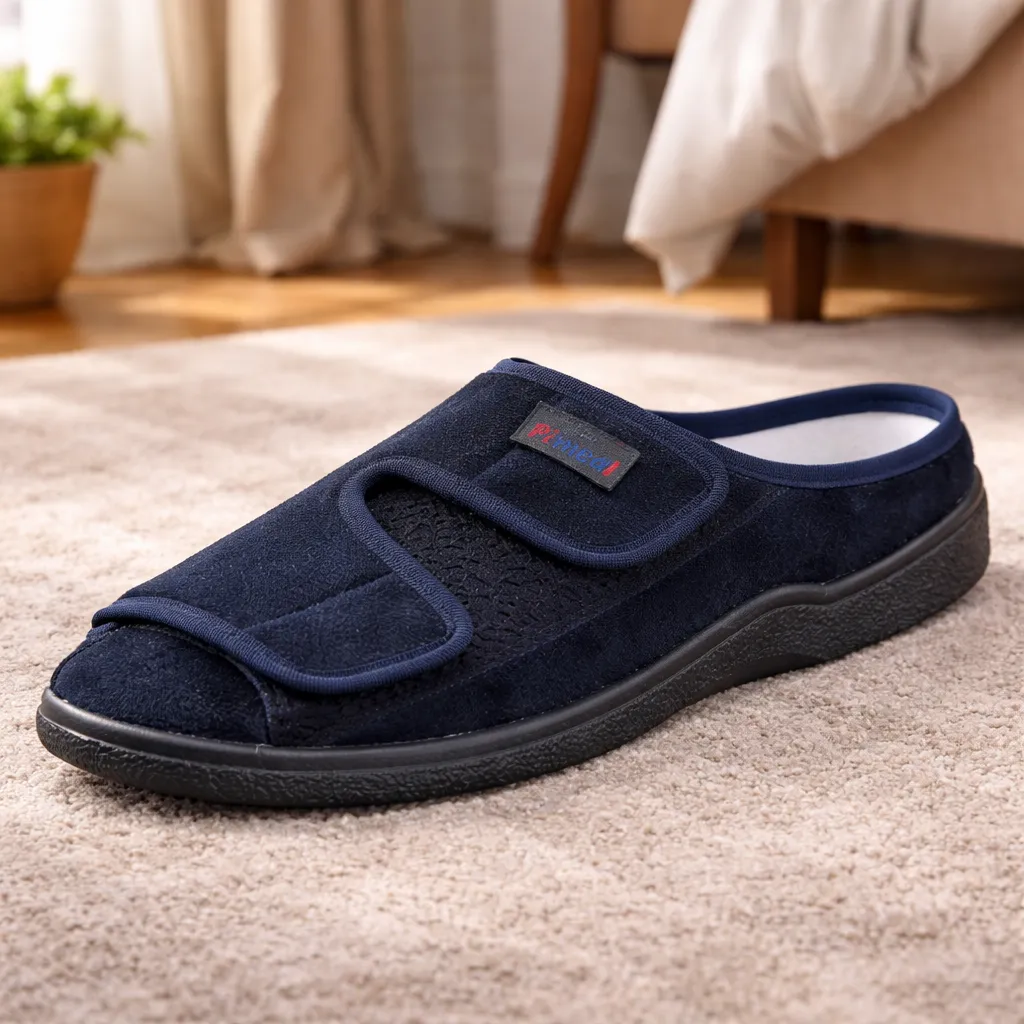 Verbandpantoffel Pimed Softvelour in Marine - schräge Ansicht