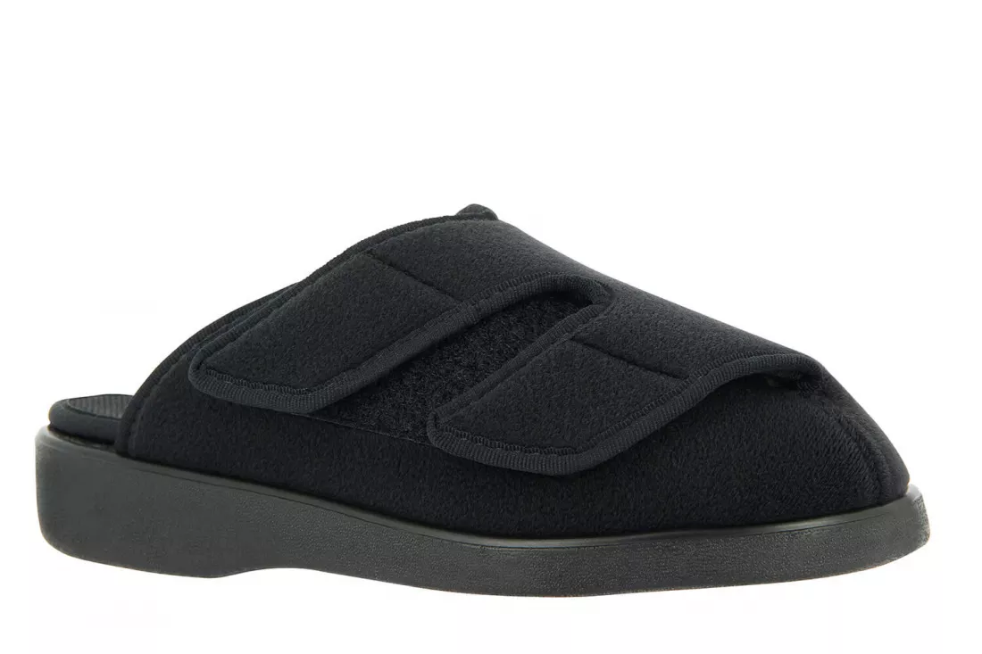 Varomed Kopenhagen Hauspantoffel 58908 in Schwarz, Weite L, unisex, extraweite Passform für empfindliche Füße, mit rutschfester Sohle und optionalem Fersenriemen, ideal für Senioren und Personen mit Fußproblemen.
