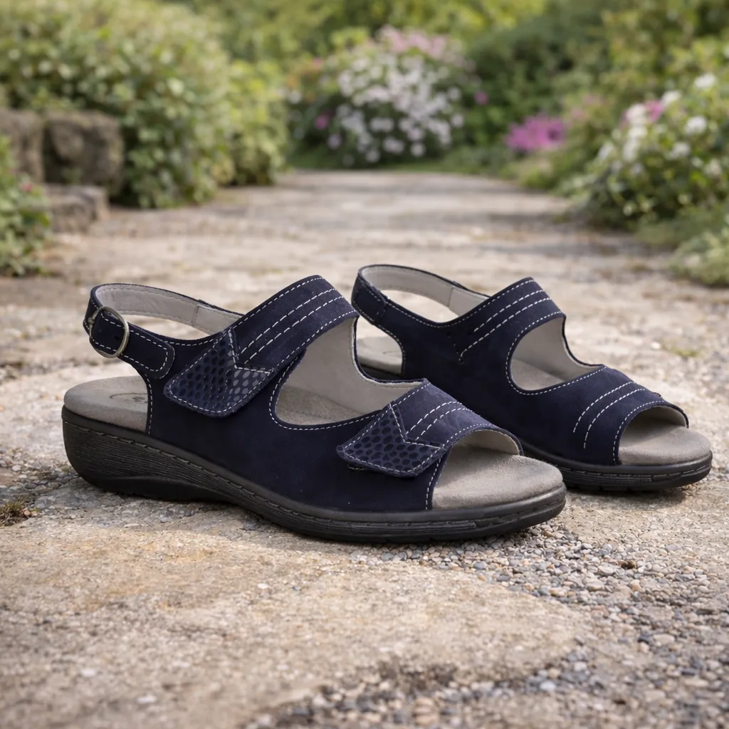 Slowlies Bequem-Ledersandale Weite H in Marine - schräge Ansicht