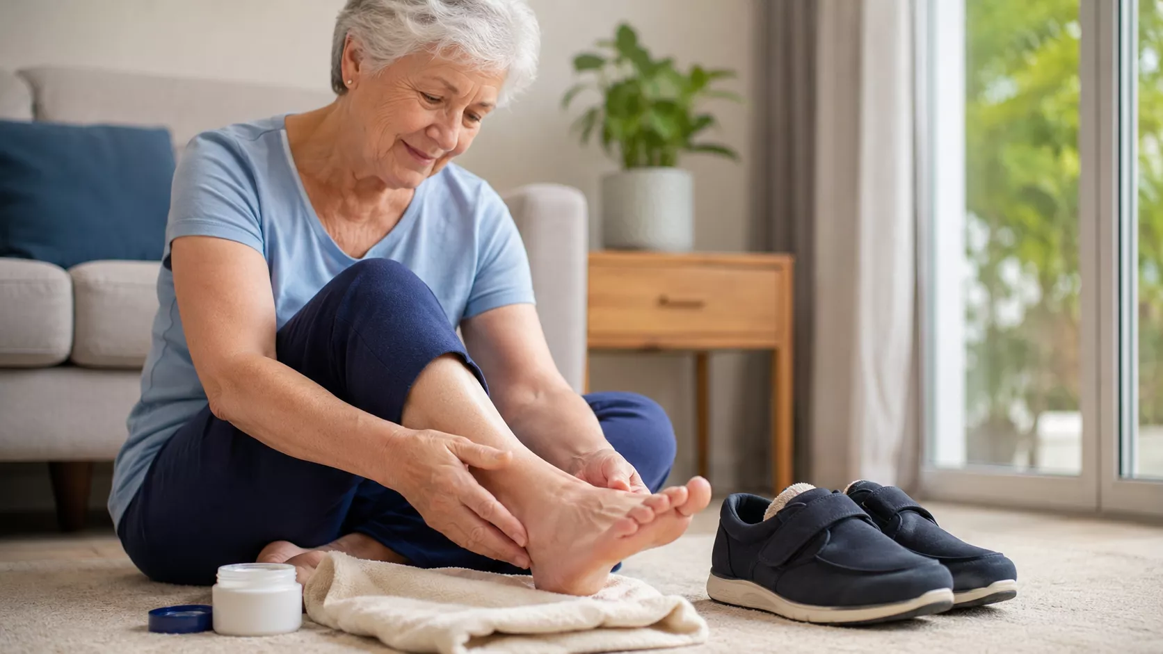 Seniorin pflegt ihren Fuß zu Hause und prüft bequeme Schuhe bei Diabetes
