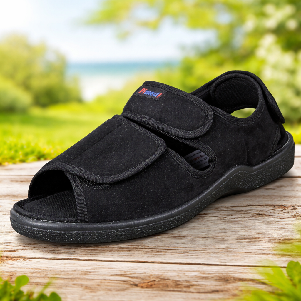 Verbandsandale Pimed Klettverschluss in Schwarz - schräge Ansicht