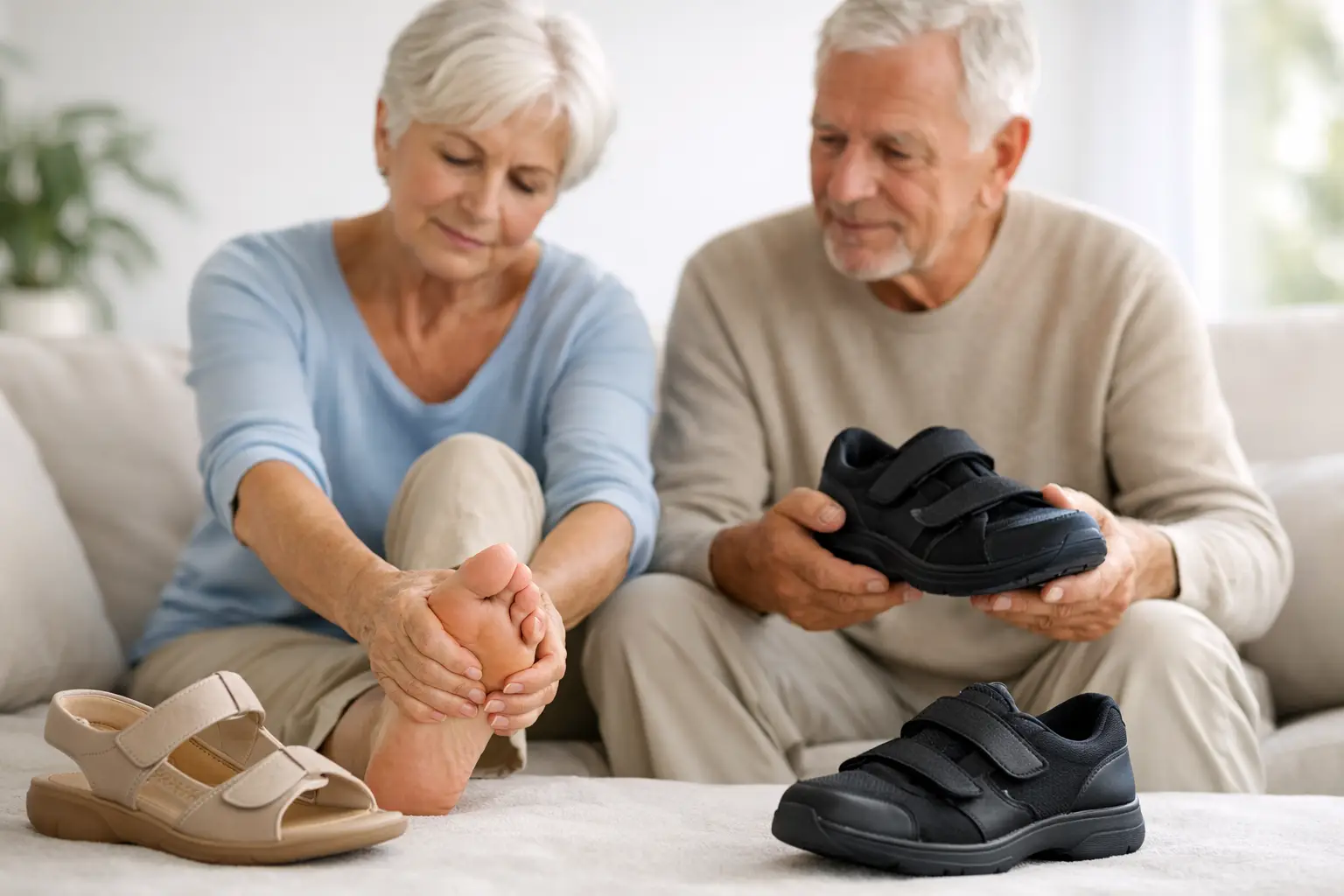 Seniorin hält ihren Fuß, während ein Mann bequeme Schuhe bei Hallux valgus und Schwellung auswählt
