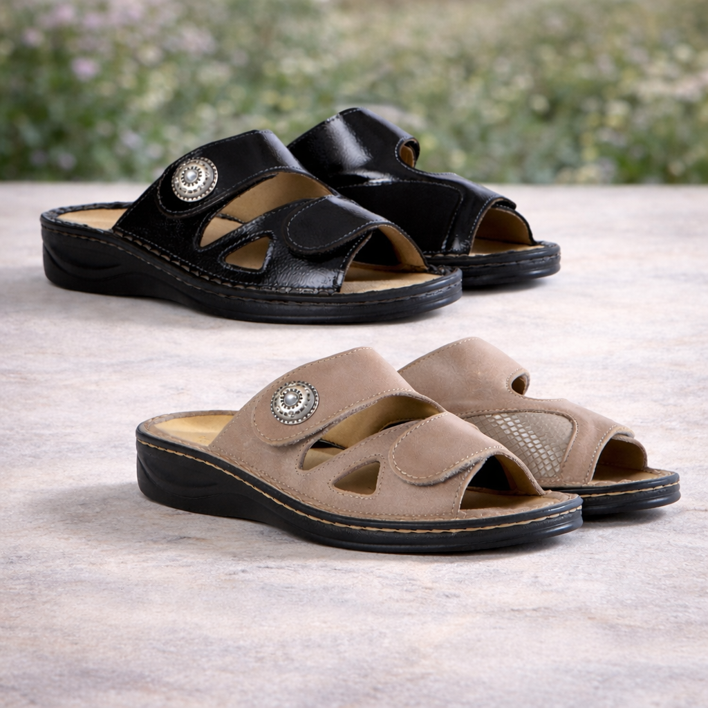 Varomed Mia Lederpantolette in Kiesel und Schwarz - schräge Ansicht