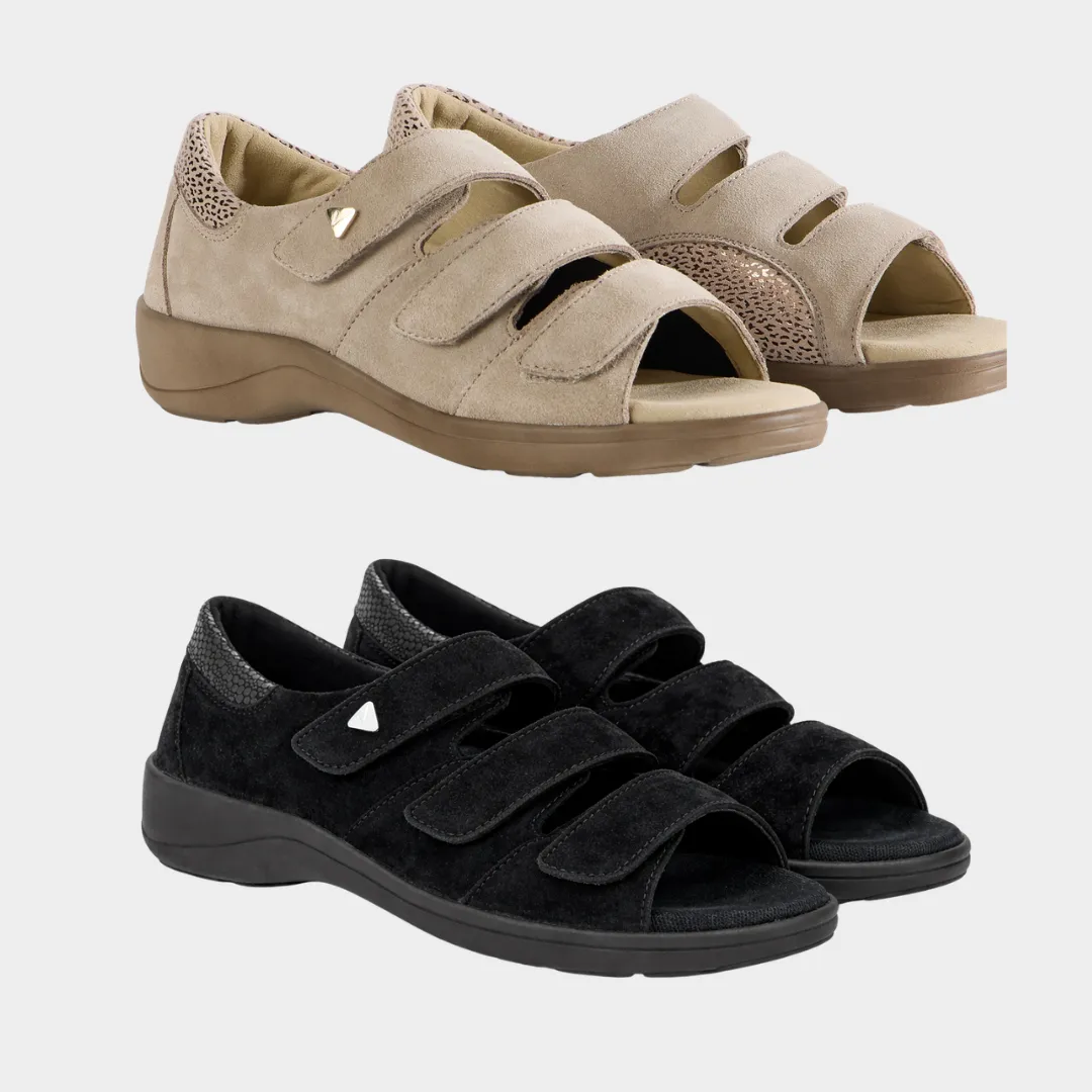 Varomed Ledersandale Moskau in Kiesel - schräge Ansicht